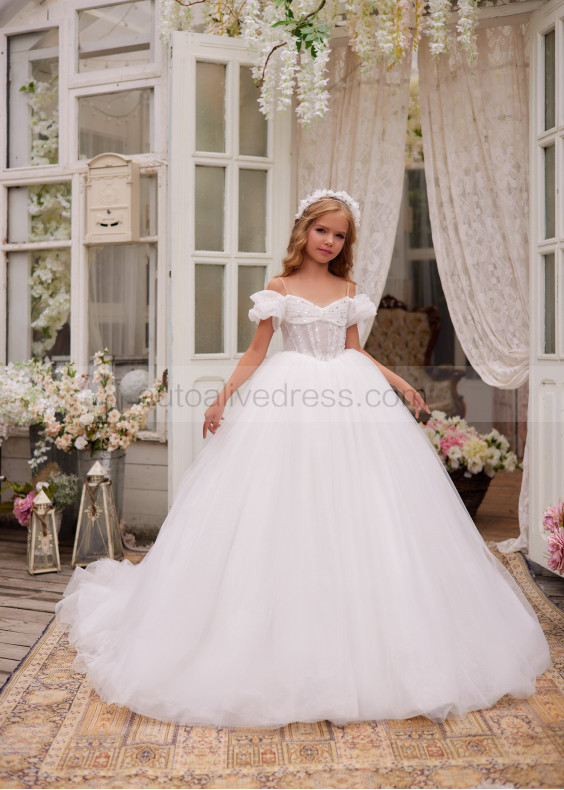 Cold Shoulder Glitter Tulle U Back Flower Girl Dress Cold Shoulder Glitter Tulle U Back Flower Girl Dress